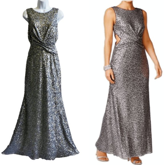 Heavy Silver Sequin RuchedEvening Gown Betsy & Adam Elegant Trumpet Skirt USA